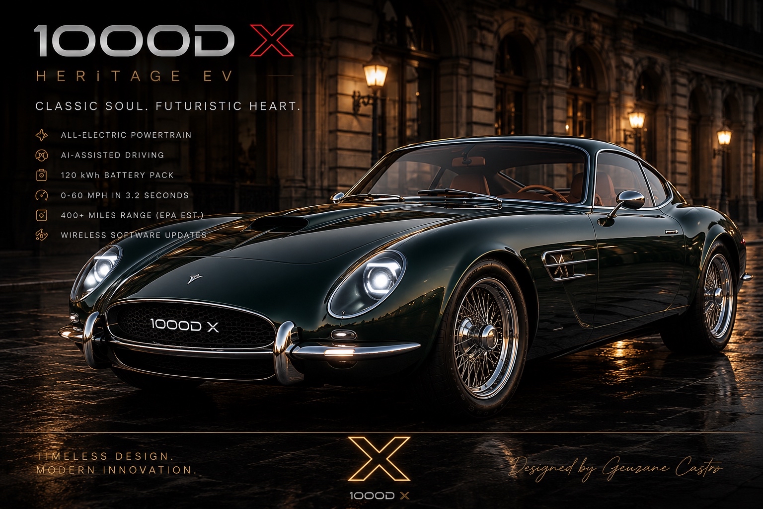 1000D X Heritage EV emerald grand tourer concept poster