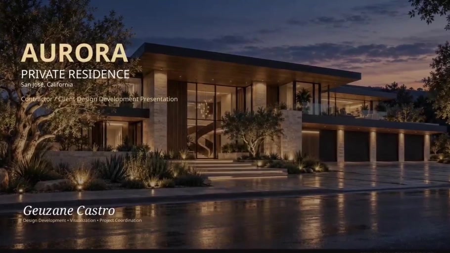 Aurora House presentation title frame — a modern private residence at dusk